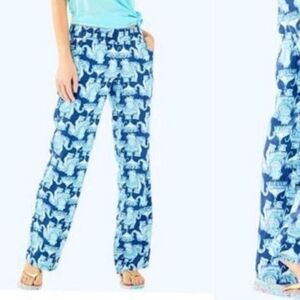 Lilly Pulitzer Pull On Pants Women XS Blue White Elephant 100%Linen Beach Resort